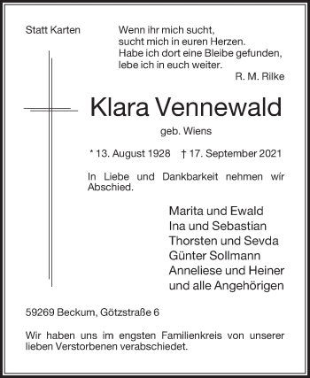 Traueranzeige von Klara Vennewald von Die Glocke