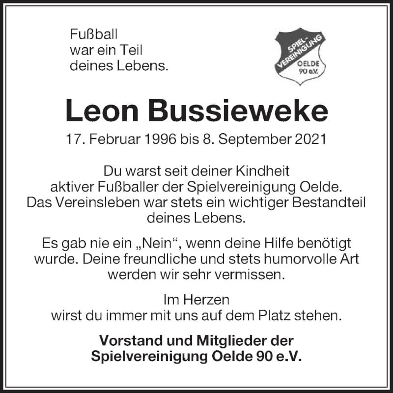  Traueranzeige für Leon Bussieweke vom 18.09.2021 aus Die Glocke