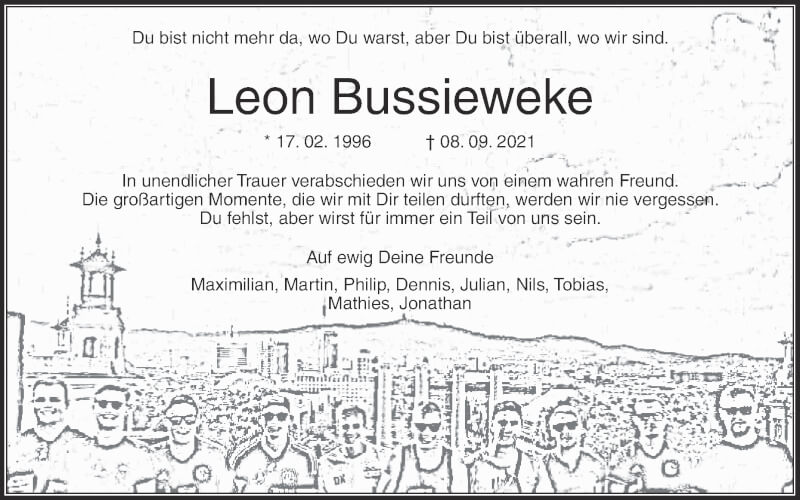  Traueranzeige für Leon Bussieweke vom 18.09.2021 aus Die Glocke