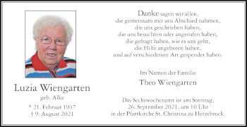 Traueranzeige von Luzia Wiengarten von Die Glocke