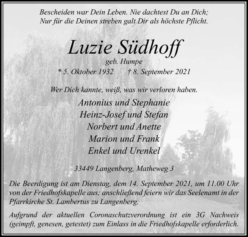  Traueranzeige für Luzie Südhoff vom 11.09.2021 aus Die Glocke