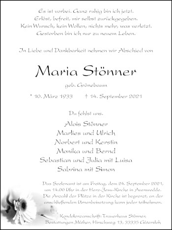 Traueranzeige von Maria Stönner von Die Glocke