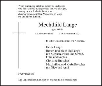 Traueranzeige von Mechthild Lange von Die Glocke