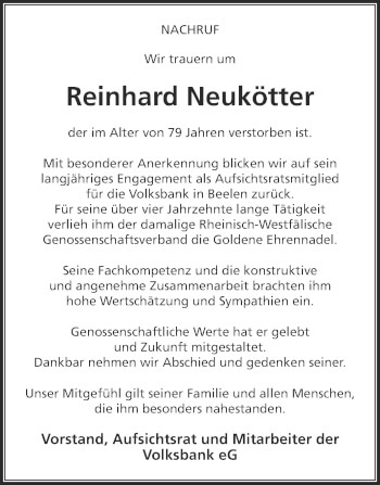 Traueranzeige von Reinhard Neukötter von Die Glocke