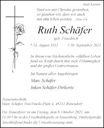 Traueranzeige von Ruth Schäfer von Die Glocke