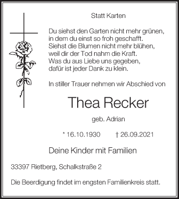 Traueranzeige von Thea Recker von Die Glocke