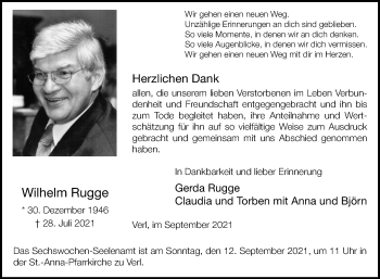 Traueranzeige von Wilhelm Rugge von Die Glocke