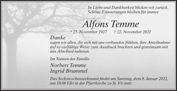 Traueranzeige von Alfons Temme von Die Glocke