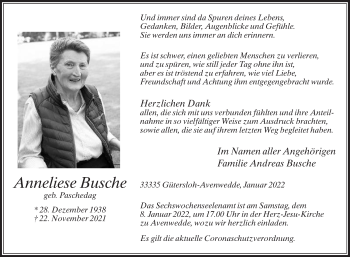 Traueranzeige von Anneliese Busche von Die Glocke