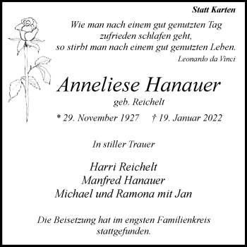 Traueranzeige von Anneliese Hanauer von Die Glocke