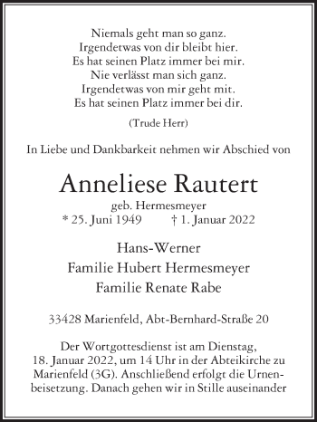 Traueranzeige von Anneliese Rautert von Die Glocke