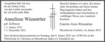 Traueranzeige von Anneliese Wienströer von Die Glocke