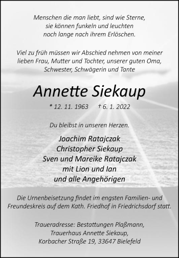 Traueranzeige von Annette Siekaup von Die Glocke