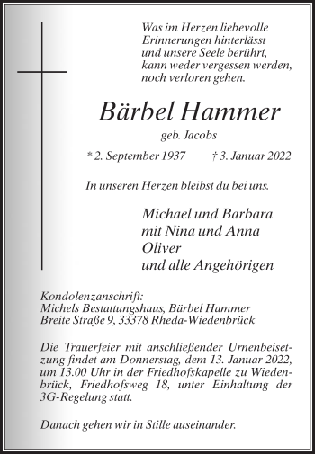 Traueranzeige von Bärbel Hammer von Die Glocke