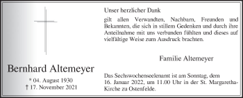 Traueranzeige von Bernhard Altemeyer von Die Glocke