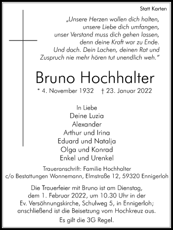Traueranzeige von Bruno Hochhalter von Die Glocke