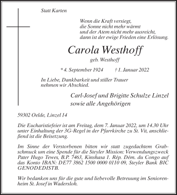 Traueranzeige von Carola Westhoff von Die Glocke