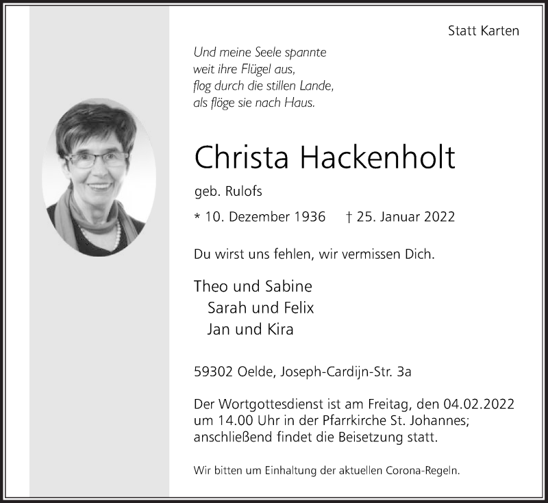  Traueranzeige für Christa Hackenholt vom 29.01.2022 aus Die Glocke
