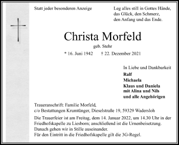 Traueranzeige von Christa Morfeld von Die Glocke