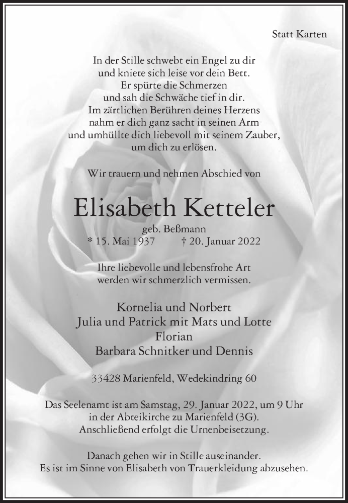  Traueranzeige für Elisabeth Ketteler vom 22.01.2022 aus Die Glocke