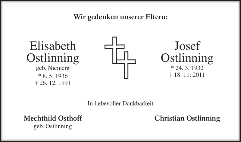  Traueranzeige für Elisabeth Ostlinning vom 22.01.2022 aus Die Glocke