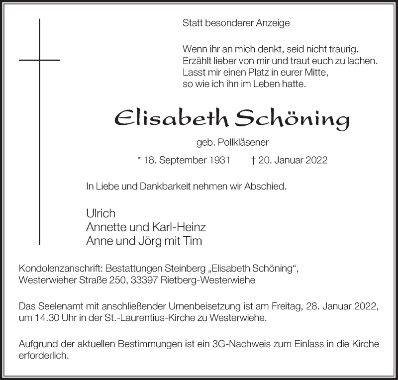  Traueranzeige für Elisabeth Schöning vom 22.01.2022 aus Die Glocke