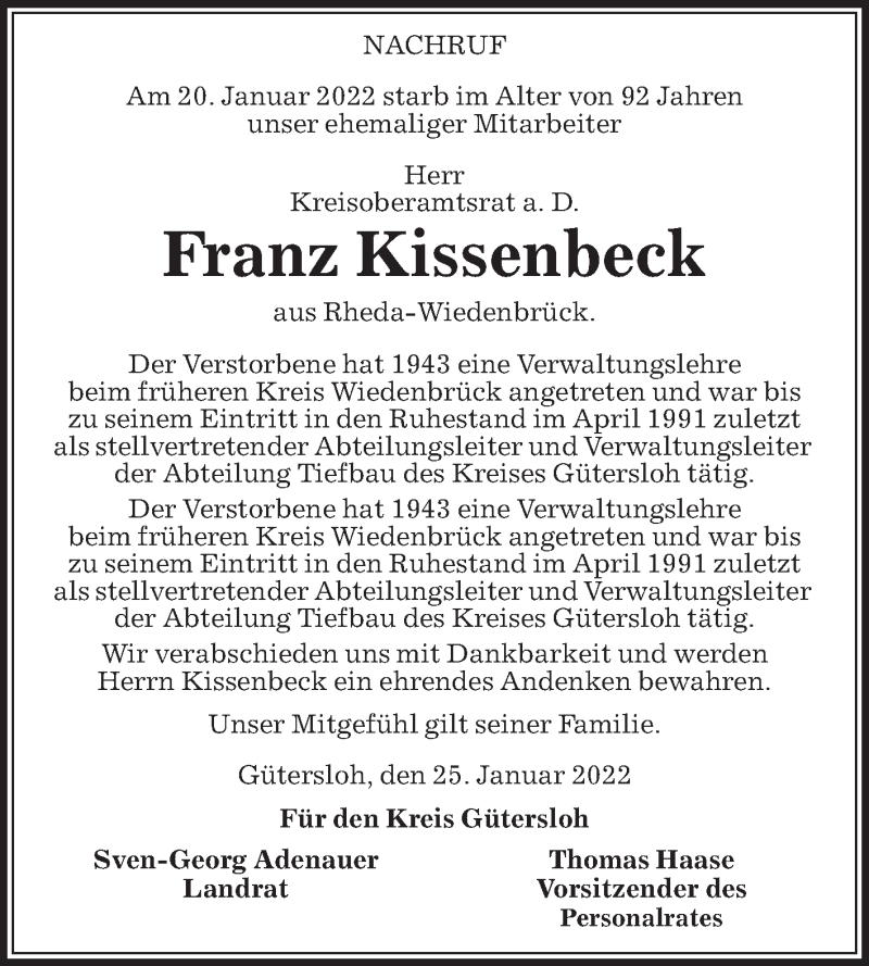  Traueranzeige für Franz Kissenbeck vom 29.01.2022 aus Die Glocke