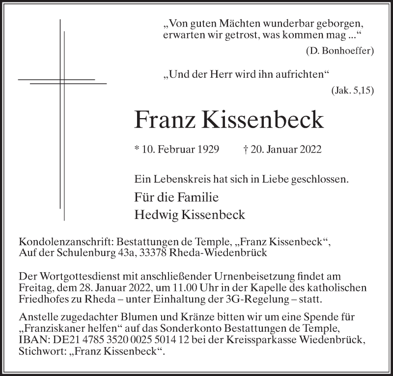  Traueranzeige für Franz Kissenbeck vom 22.01.2022 aus Die Glocke