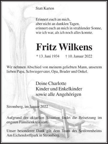 Traueranzeige von Fritz Wilkens von Die Glocke