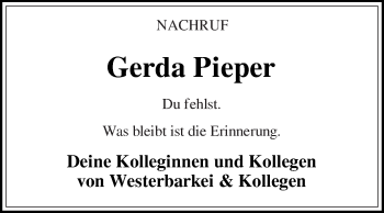 Traueranzeige von Gerda Pieper von Die Glocke