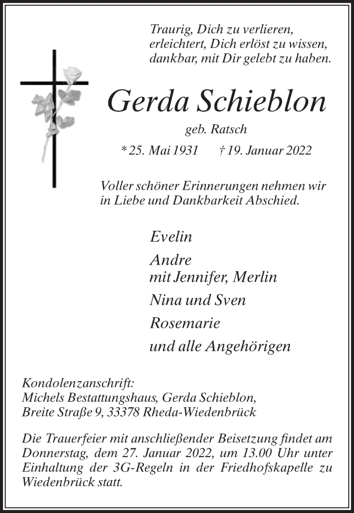  Traueranzeige für Gerda Schieblon vom 22.01.2022 aus Die Glocke