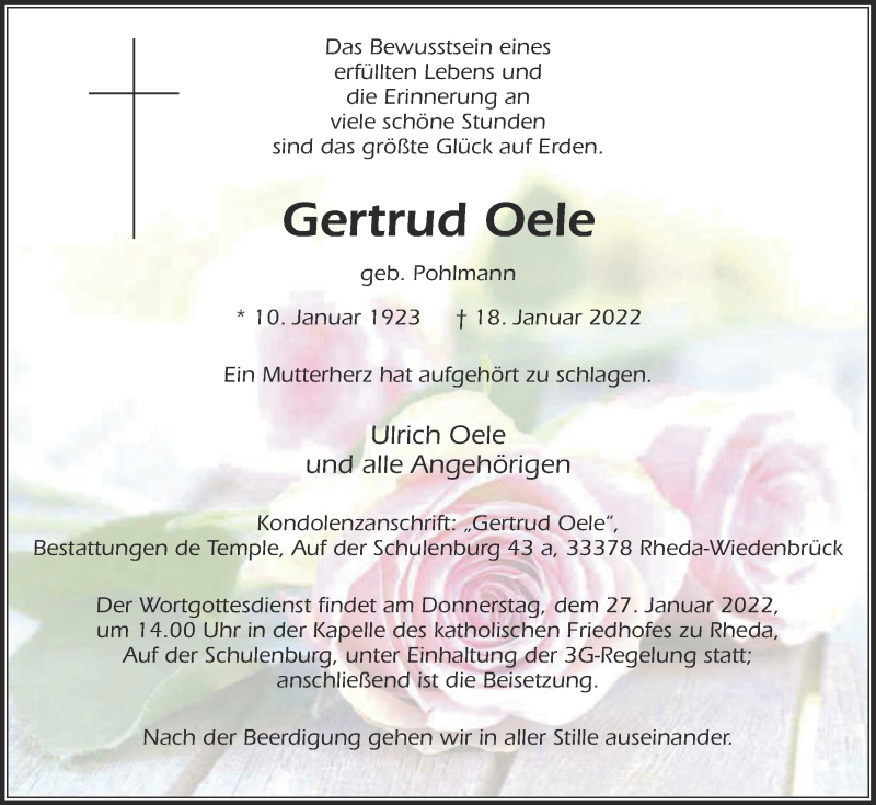  Traueranzeige für Gertrud Oele vom 22.01.2022 aus Die Glocke