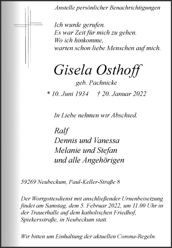 Traueranzeige von Gisela Osthoff von Die Glocke