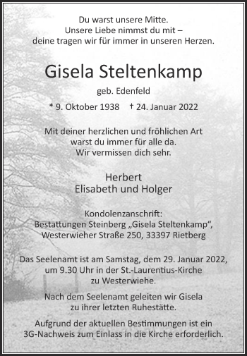 Traueranzeige von Gisela Steltenkamp von Die Glocke