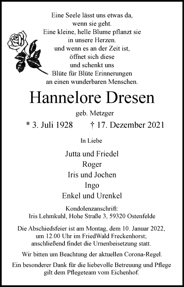  Traueranzeige für Hannelore Dresen vom 05.01.2022 aus Die Glocke
