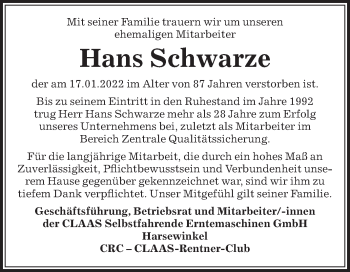 Traueranzeige von Hans Schwarze von Die Glocke