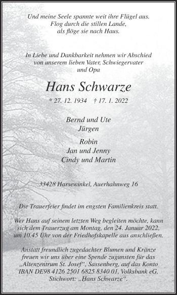 Traueranzeige von Hans Schwarze von Die Glocke