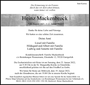 Traueranzeige von Heinz Mackenbrock von Die Glocke