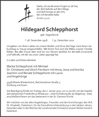 Traueranzeige von Hildegard Schlepphorst von Die Glocke