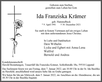 Traueranzeige von Ida Franziska Krämer von Die Glocke