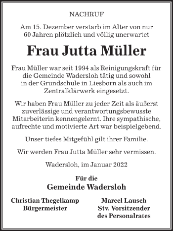 Traueranzeige von Jutta Müller von Die Glocke