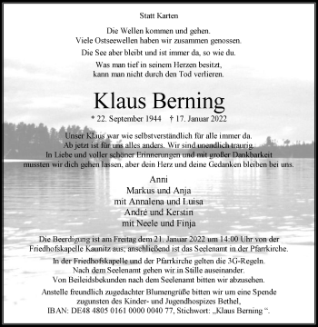 Traueranzeige von Klaus Berning von Die Glocke