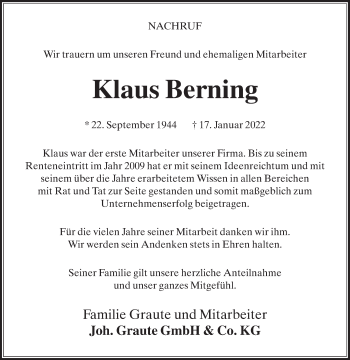 Traueranzeige von Klaus Berning von Die Glocke