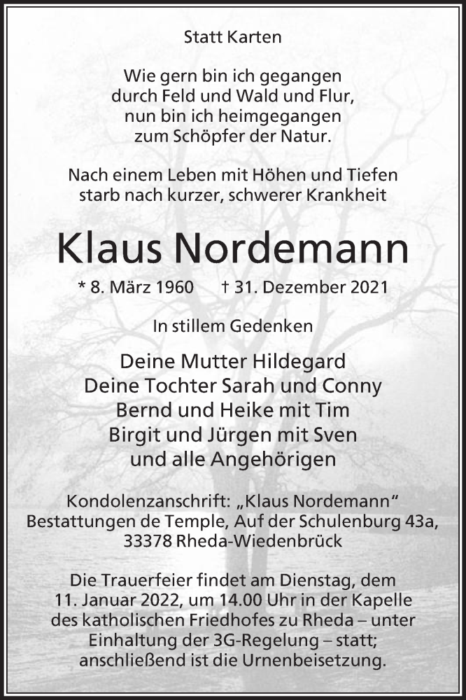  Traueranzeige für Klaus Nordemann vom 05.01.2022 aus Die Glocke