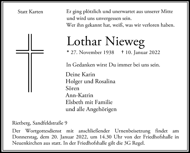  Traueranzeige für Lothar Nieweg vom 14.01.2022 aus Die Glocke