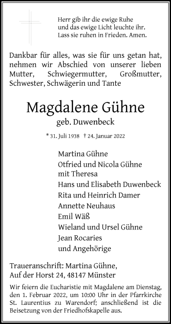 Traueranzeige von Magdalene Gühne von Die Glocke