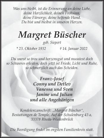 Traueranzeige von Margret Büscher von Die Glocke