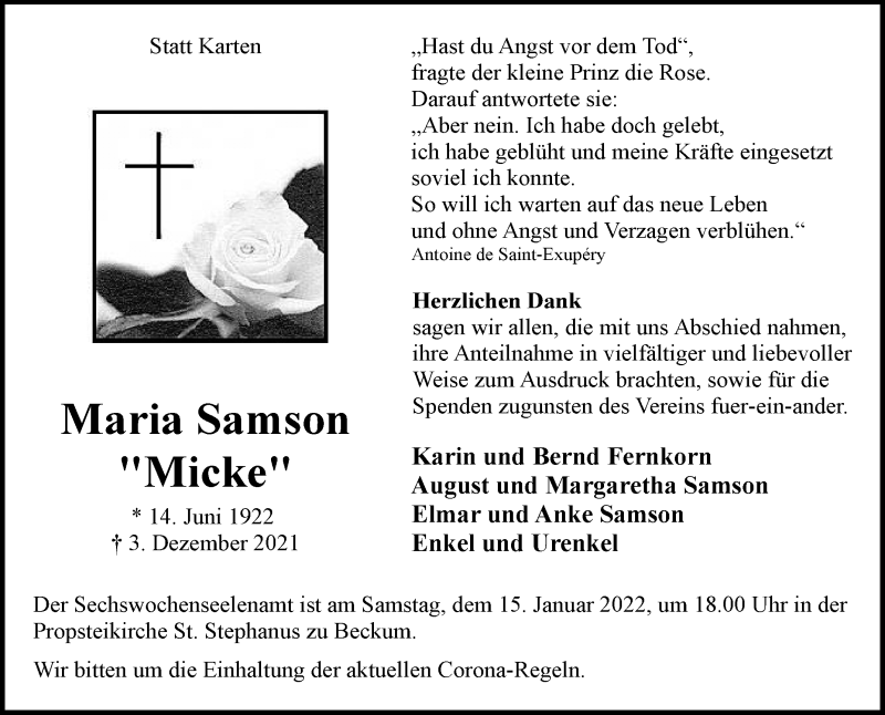  Traueranzeige für Maria Samson vom 08.01.2022 aus Die Glocke