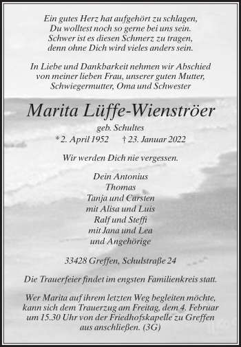 Traueranzeige von Marita Lüffe-Wienströer von Die Glocke