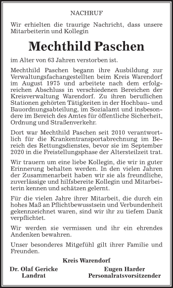 Traueranzeige von Mechthild Paschen von Die Glocke